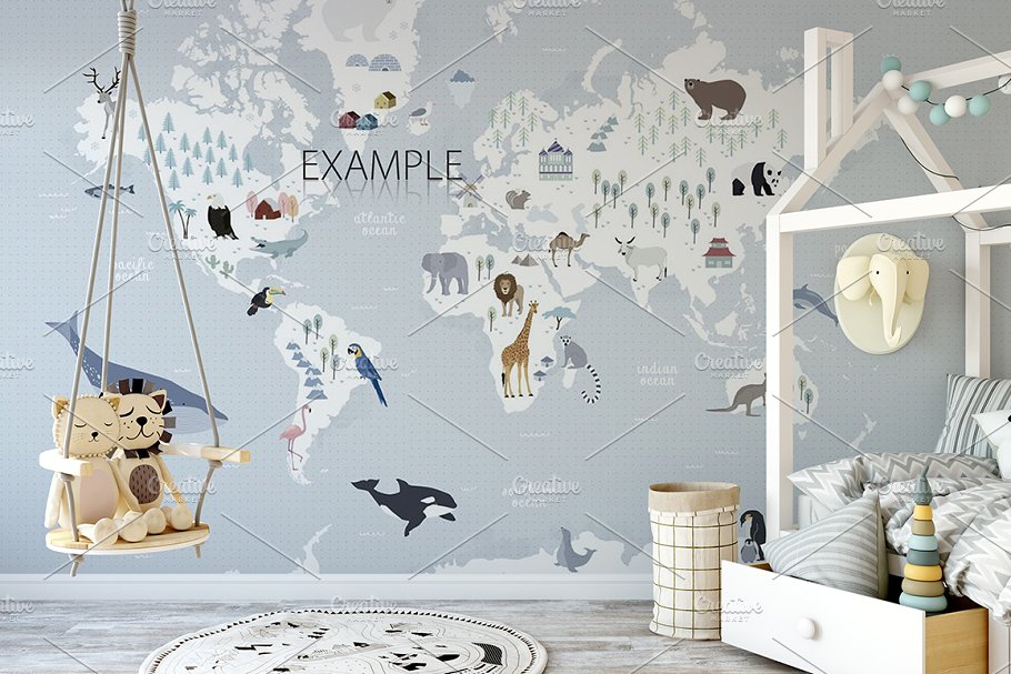 儿童主题卧室墙纸设计&相框样机 Interior KIDS WALL & FRAMES Mockup 2插图(7)
