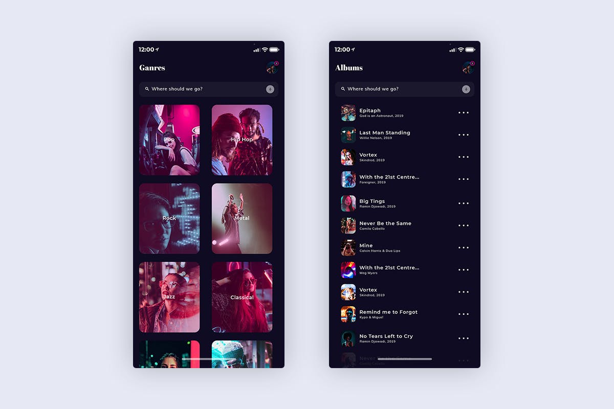在线音乐播放听歌APP应用UI设计XD模板[夜间模式版本] Xonique-Music MobileApp UI Kit Dark Version (XD)插图(3)