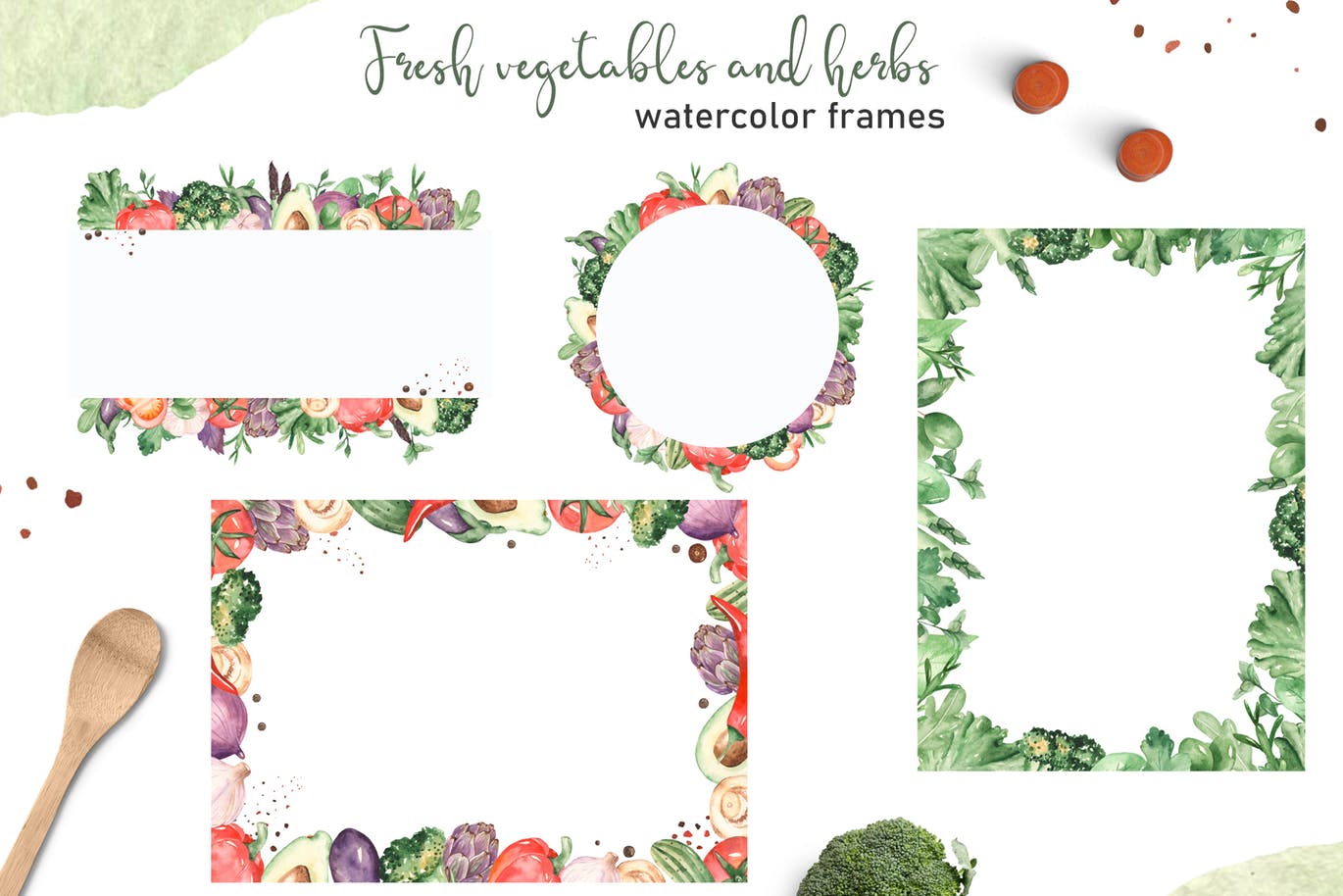水彩手绘蔬菜＆草药剪贴画素材包 Watercolor vegetables and herbs Collection clipart插图(4)