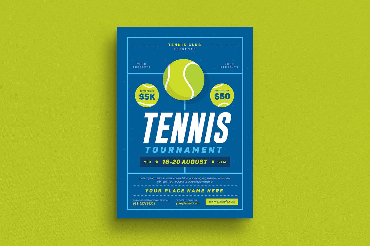 网球比赛活动预告海报设计模板 Tennis Tournament Event Flyer插图