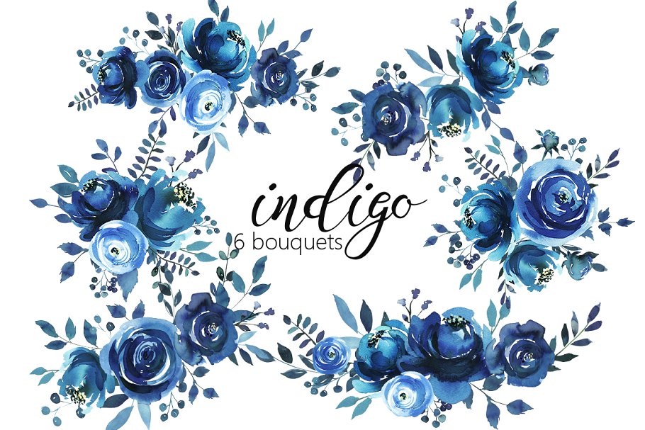 靛蓝水彩花卉剪贴画 Indigo Blue Watercolor Flowers Set插图(2)