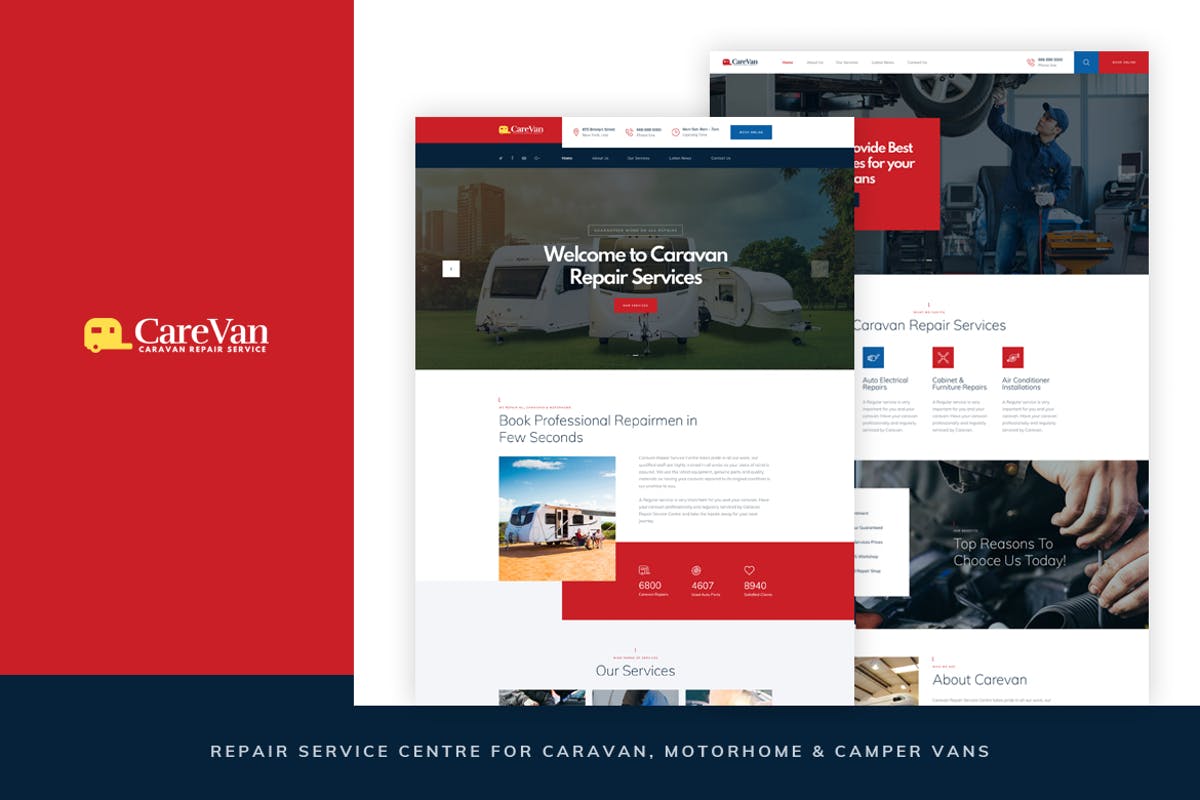 汽车修理业务网站设计PSD模板 Carevan – Repair Centre for Caravans PSD Template插图