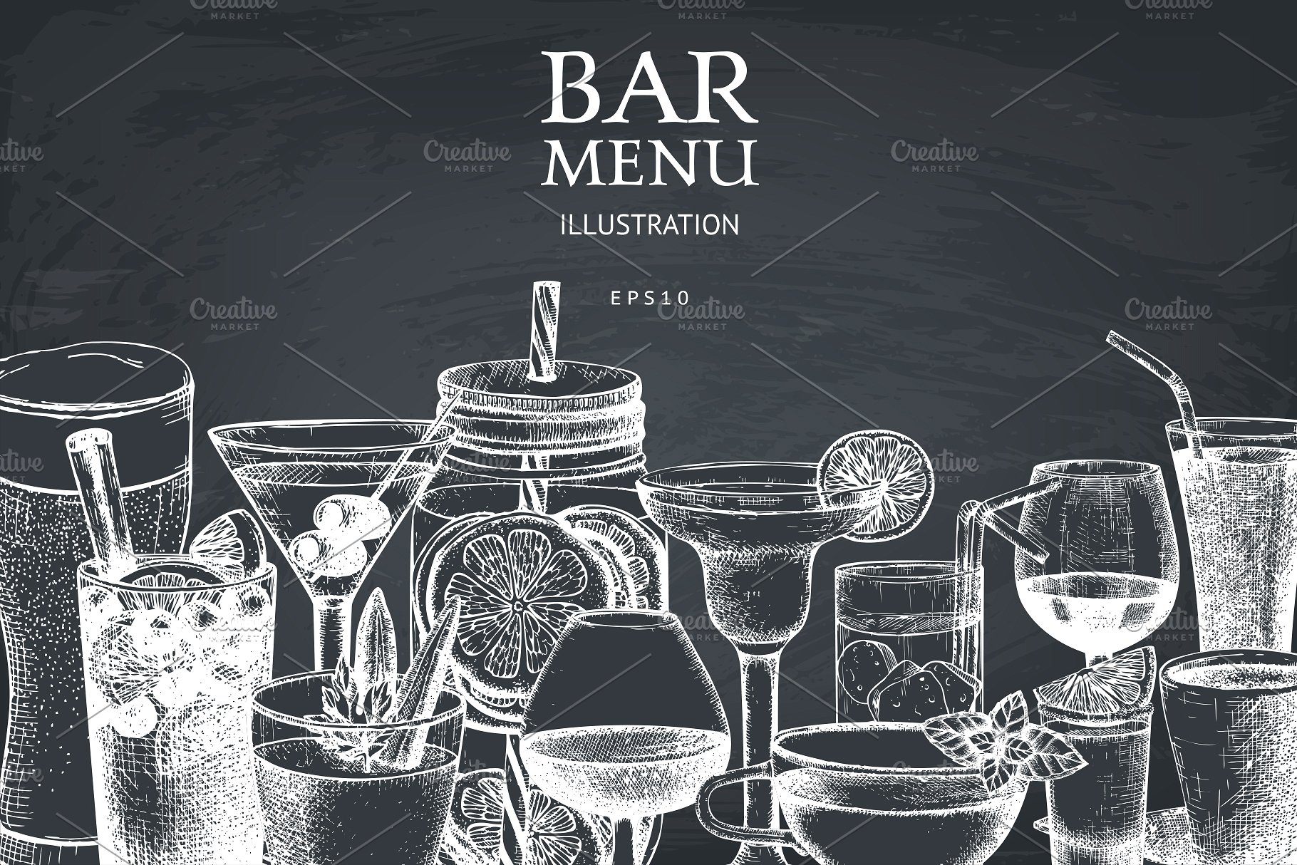 复古手绘酒吧冷饮黑板粉笔画 Vector Bar Menu On Chalkboard插图