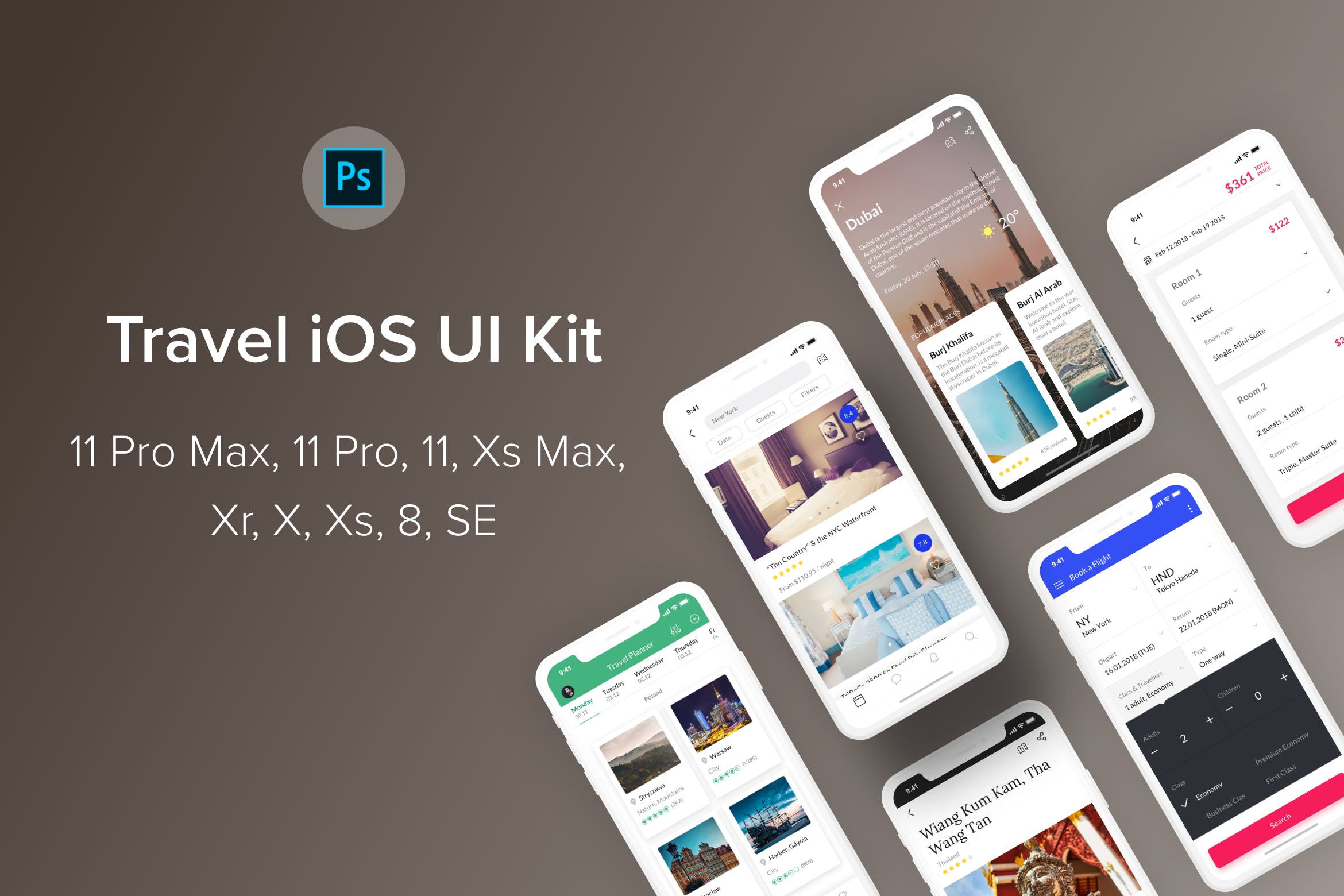 旅游主题iOS应用UI设计素材库精选套件PSD模板 Travel iOS UI Kit (Photoshop)插图