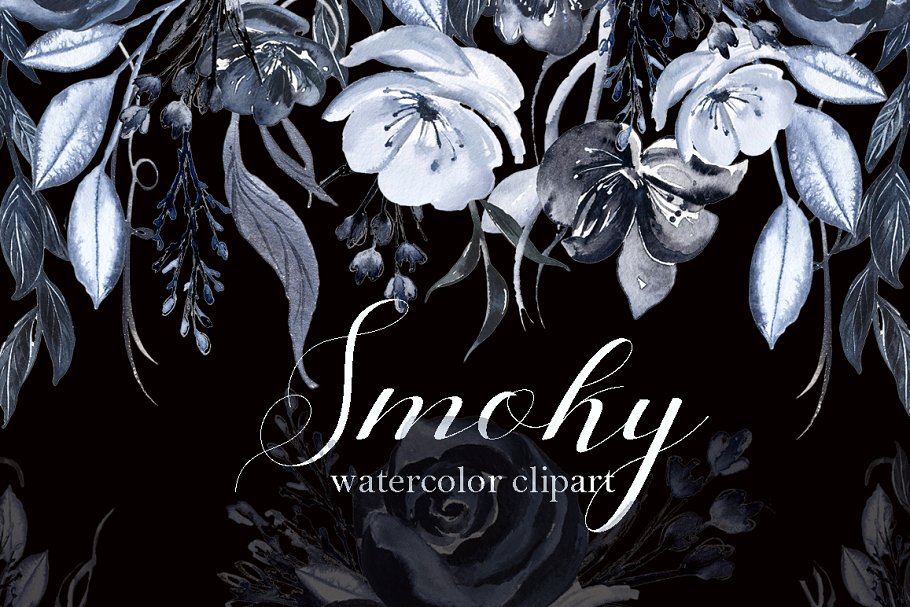 烟熏黑灰色水彩插花艺术图案 Smoky Black grey watercolors flowers插图