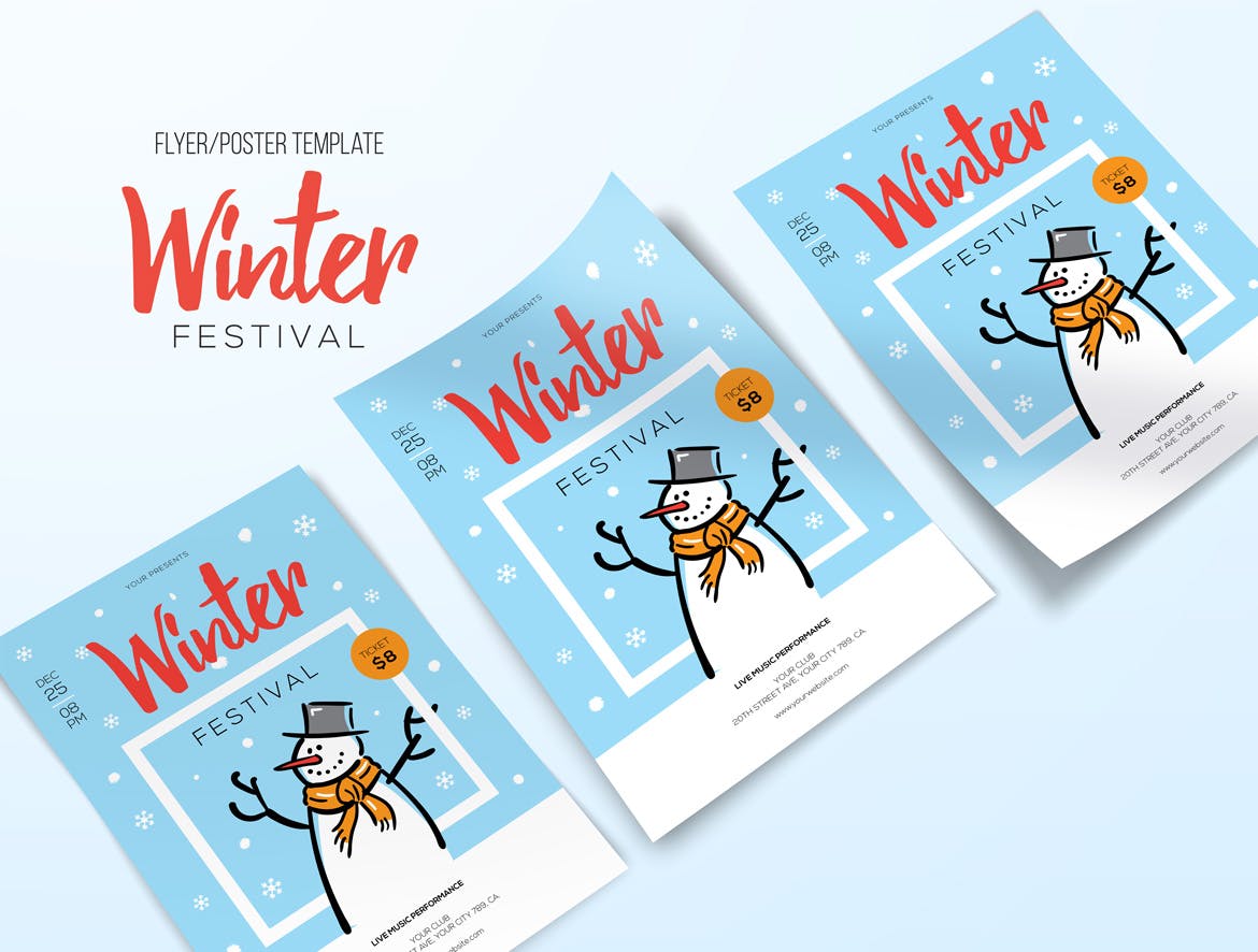 简笔画小雪人手绘图案冬天主题海报传单设计模板 Winter Festival插图(2)