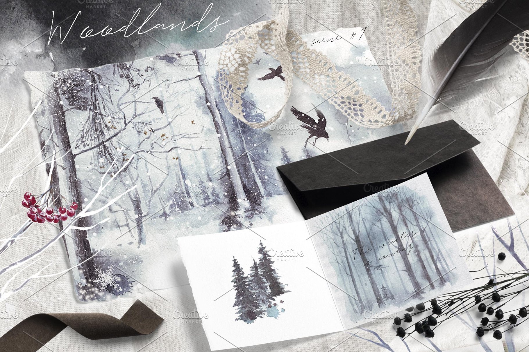 乌鸦、鸟、冬季风景、场景、水彩造型&字体 [2.81GB, 格式PNG, PSD,JPG &HTML] Ravens & birds vol.1插图(8)