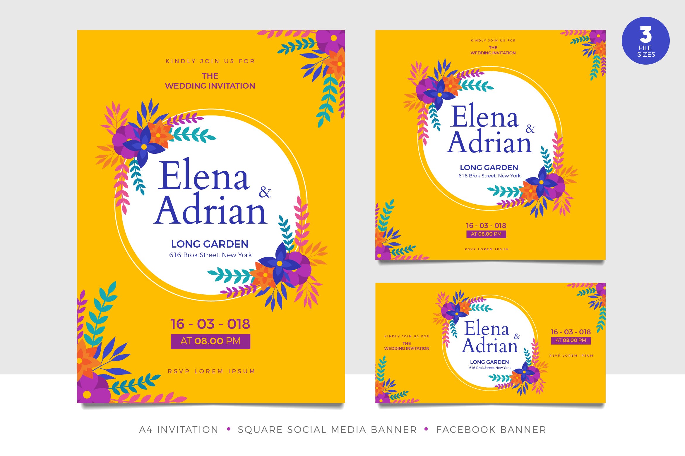 漂亮手绘花卉装饰婚礼邀请函设计套件 Beautiful Floral Wedding Invitation Set Template插图