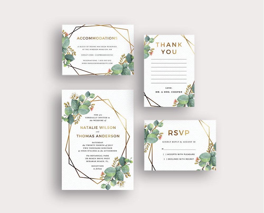 黄金比例设计婚礼邀请物料设计模板 Eucalyptus Gold Geometric Frame插图(1)