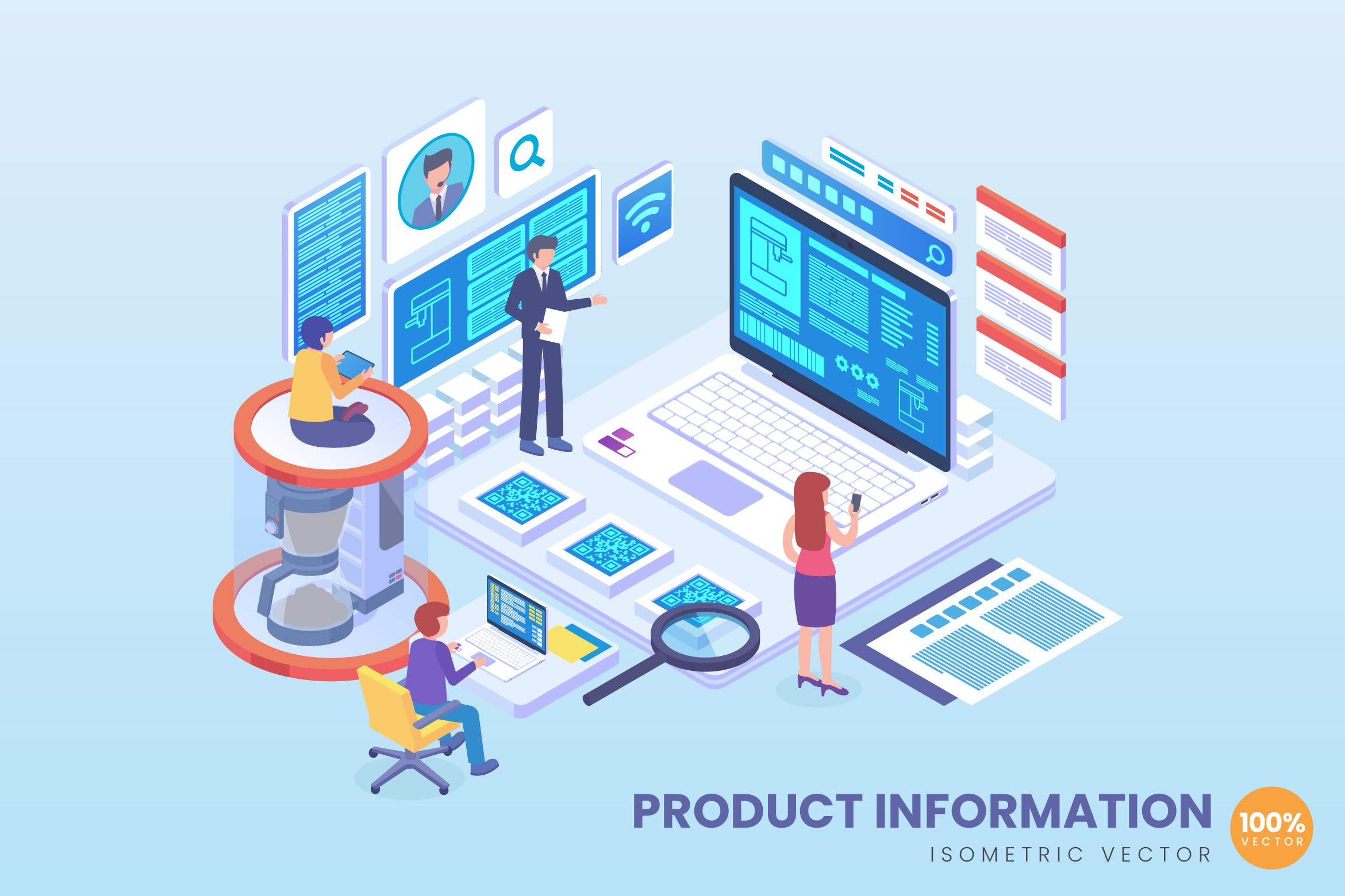 产品质量追溯系统等距矢量科技素材库精选概念插画 Isometric Product Information Vector Concept插图
