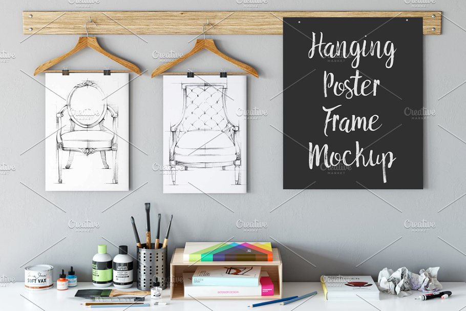 悬挂式艺术作品展示样机模板 Frame Mockup (Hanging Poster)插图