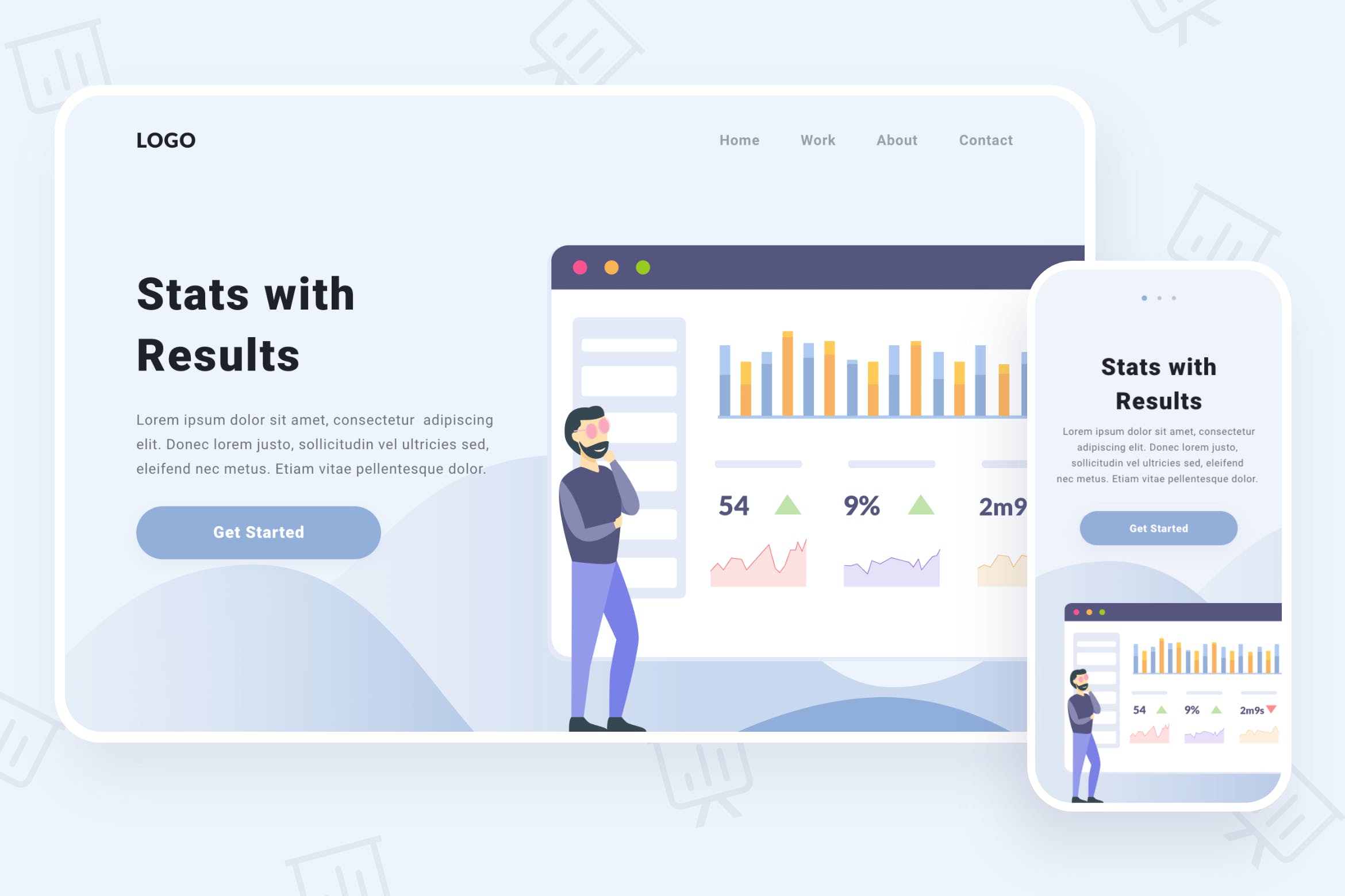 数据统计分析主题响应式网站插画设计素材 Stats With Results Illustration插图