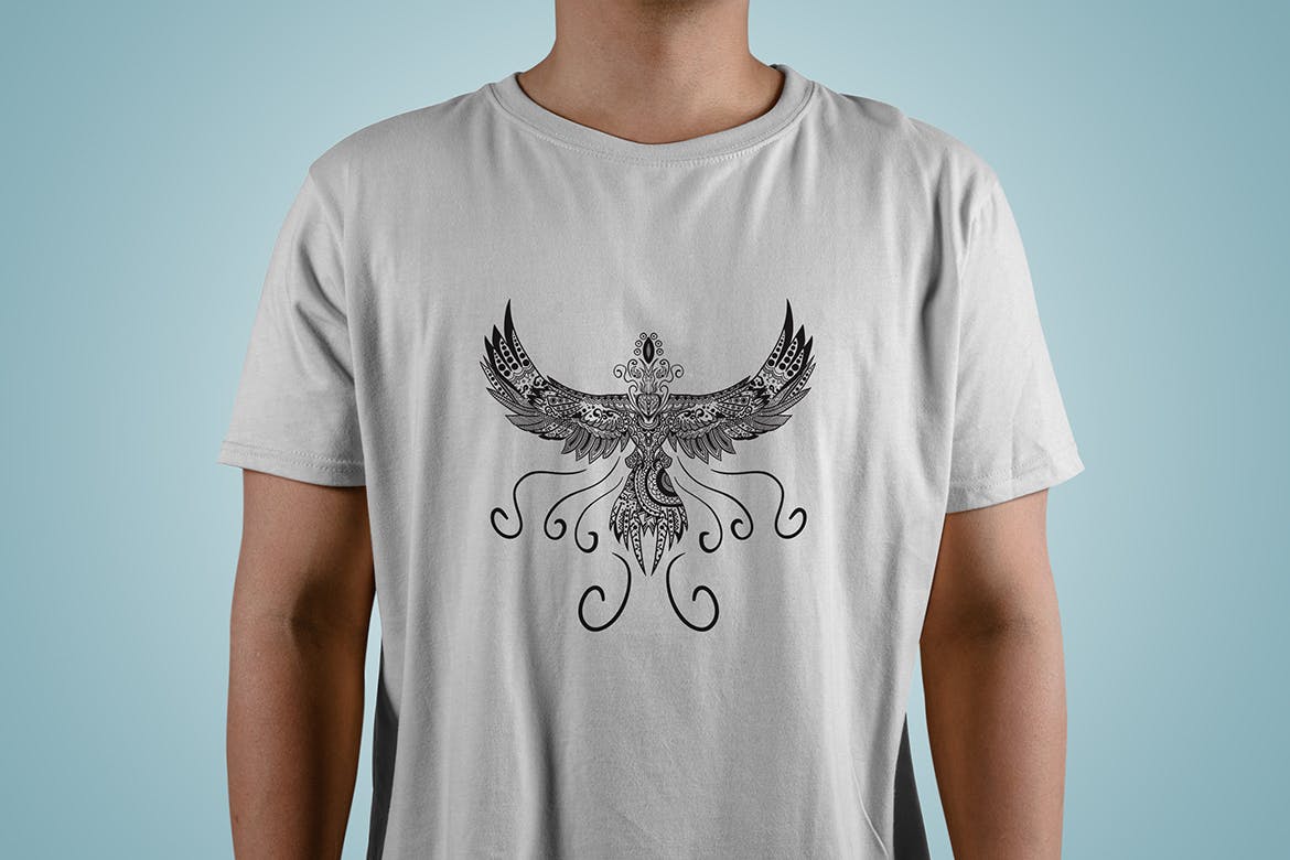 凤凰-曼陀罗花手绘T恤印花图案设计矢量插画素材库精选素材 Phoenix Mandala T-shirt Design Vector Illustration插图(2)