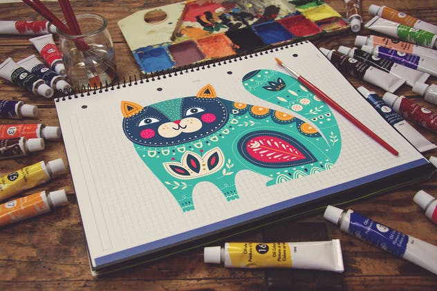 画室创作场景网格笔记本样机模板v5 Grid Notebook Paint Scene插图(2)