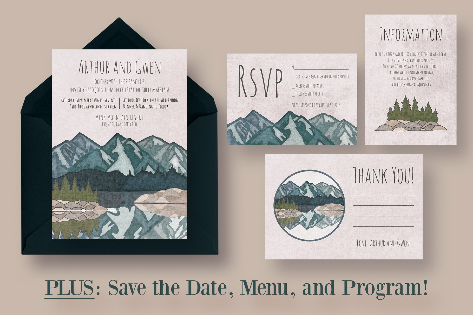 山水如画水彩婚礼设计物料模板 Mirror Lake Wedding Suite插图