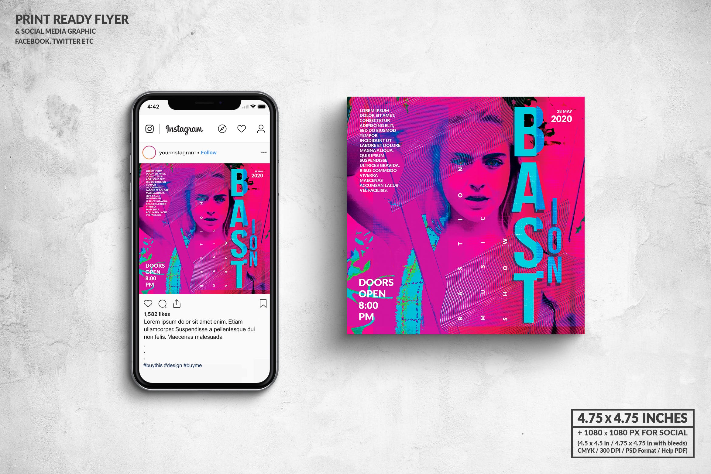 流行音乐节/活动派对宣传单&社交广告设计模板 Bastion Music Party Square Flyer & Social Media插图