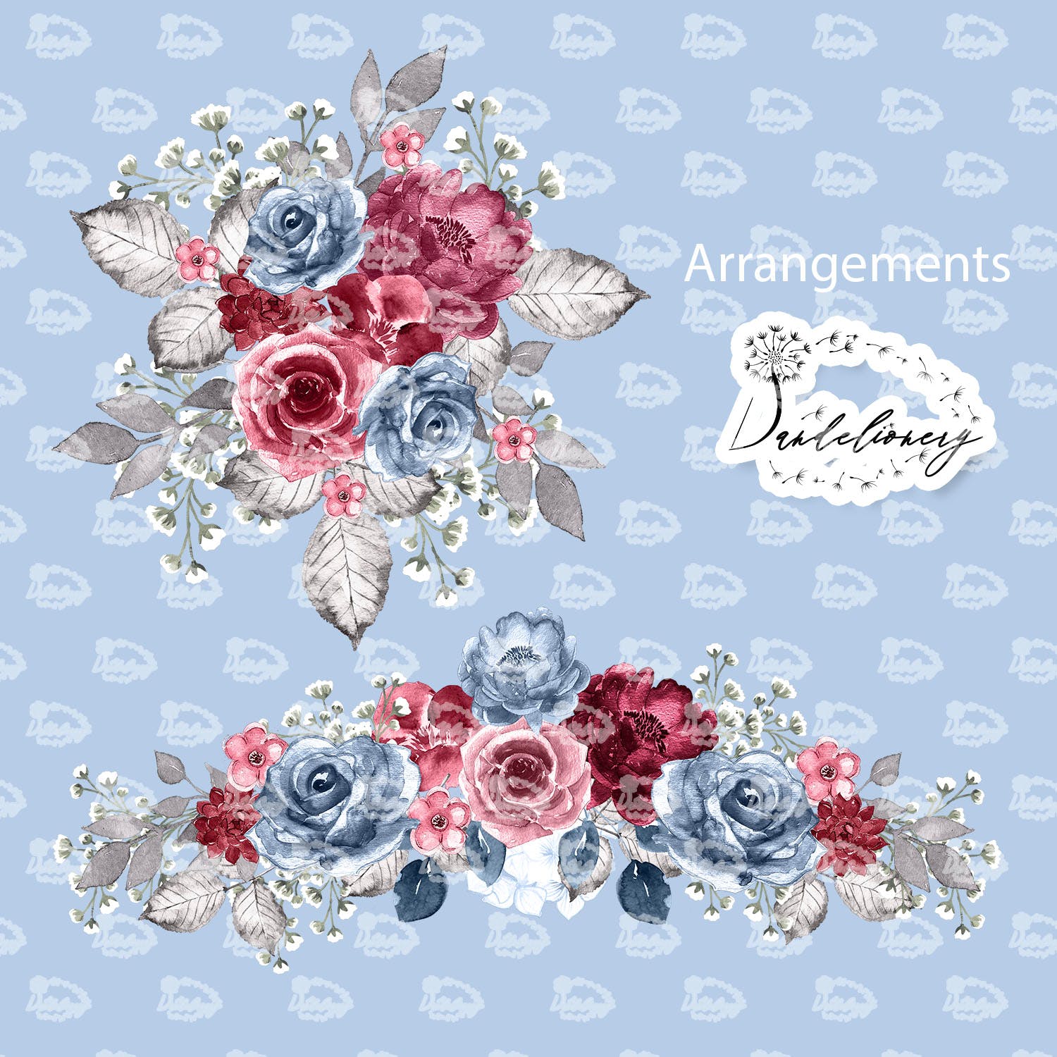 勃艮第红&蓝色水彩手绘花卉PNG素材 Watercolor Dusty Blue and Burgundy design插图(2)