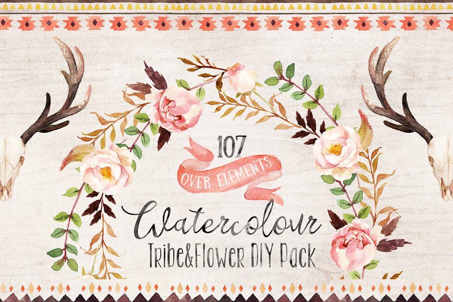 部落风花卉与叶子水彩图案剪切画 Watercolour Tribe&Flower DIY插图