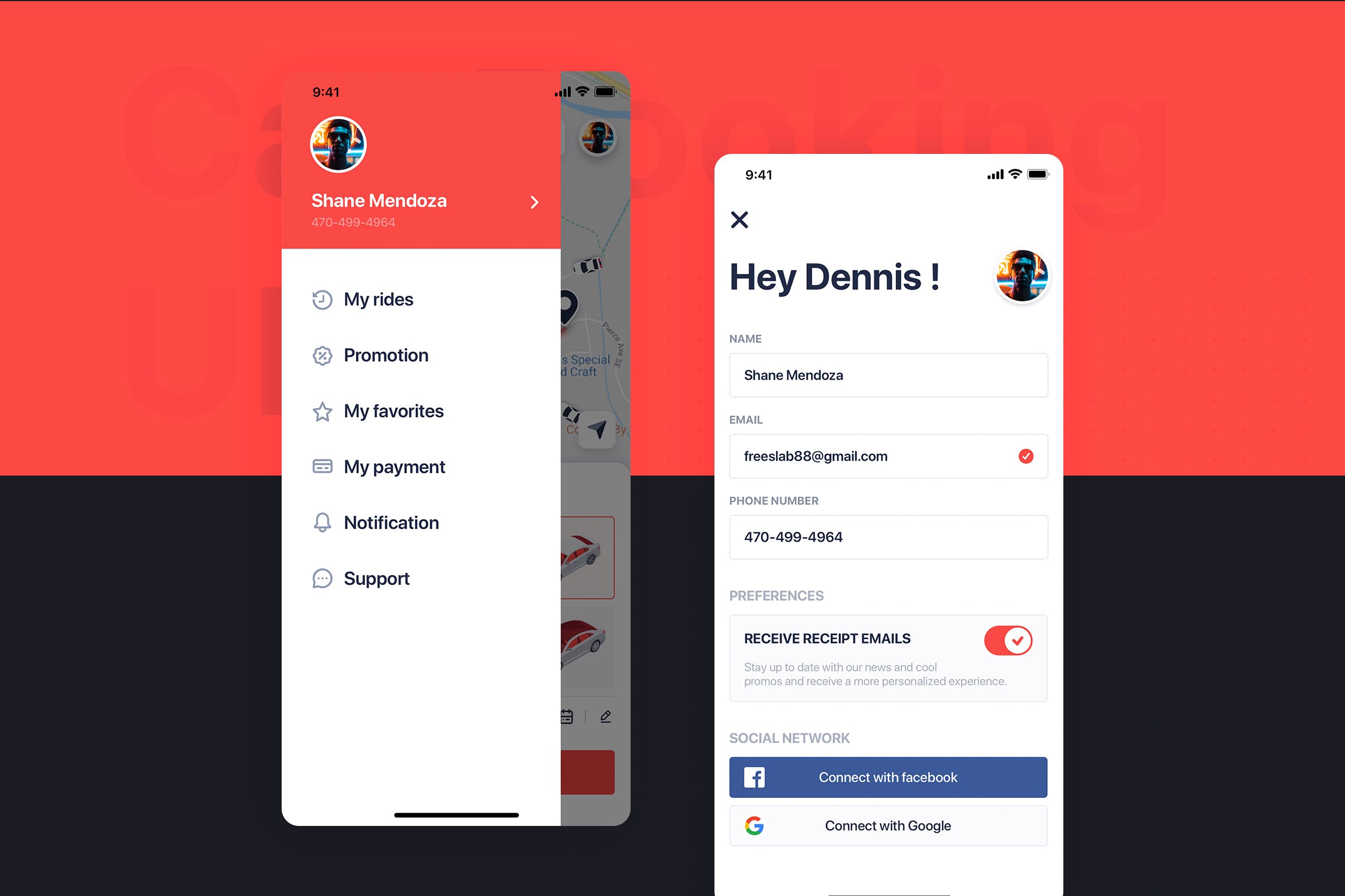 网约车APP应用UI设计之菜单&用户界面设计模板 Car Booking UI mobile concept – Menu & Profile插图