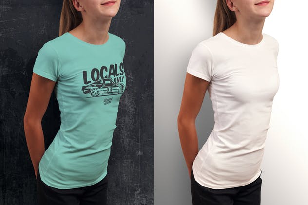 女版圆领印花T恤样机 Crew Neck T-shirt Mock-up Female Version插图(4)