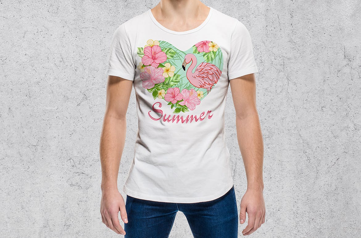 水彩花卉&粉红火烈鸟热带主题插画素材 Tropical Flowers and Pink Flamingo插图(1)