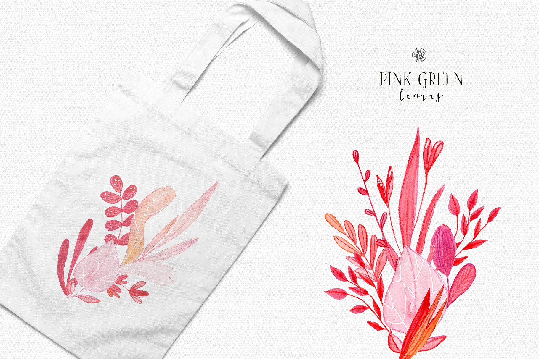 水彩手绘粉绿色叶子插画合集 Pink Green Leaves插图(4)