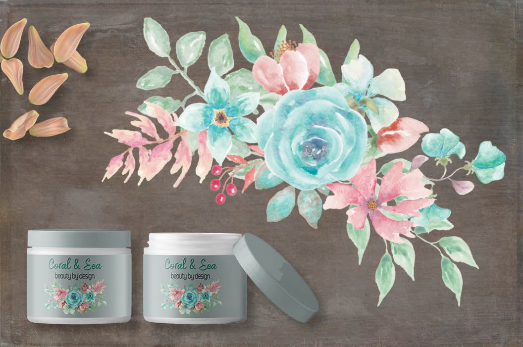 “珊瑚与海”：水彩花圈和花束水彩手绘剪贴画PNG素材 “Coral and Sea”: Watercolor Wreath and Bouquets插图(3)