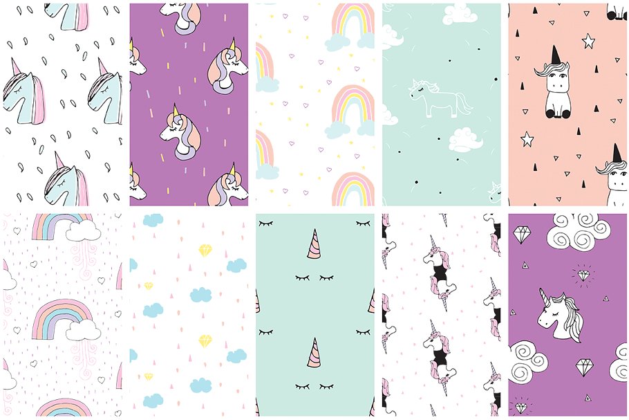 独角兽与彩虹矢量图案纹理 Unicorns & Rainbows Vector Patterns插图(5)