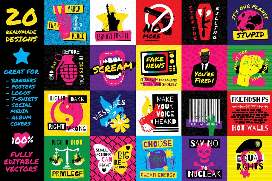 “爱与和平”主题Logo模板+插画素材 Political Protest Logos and Graphics插图(1)