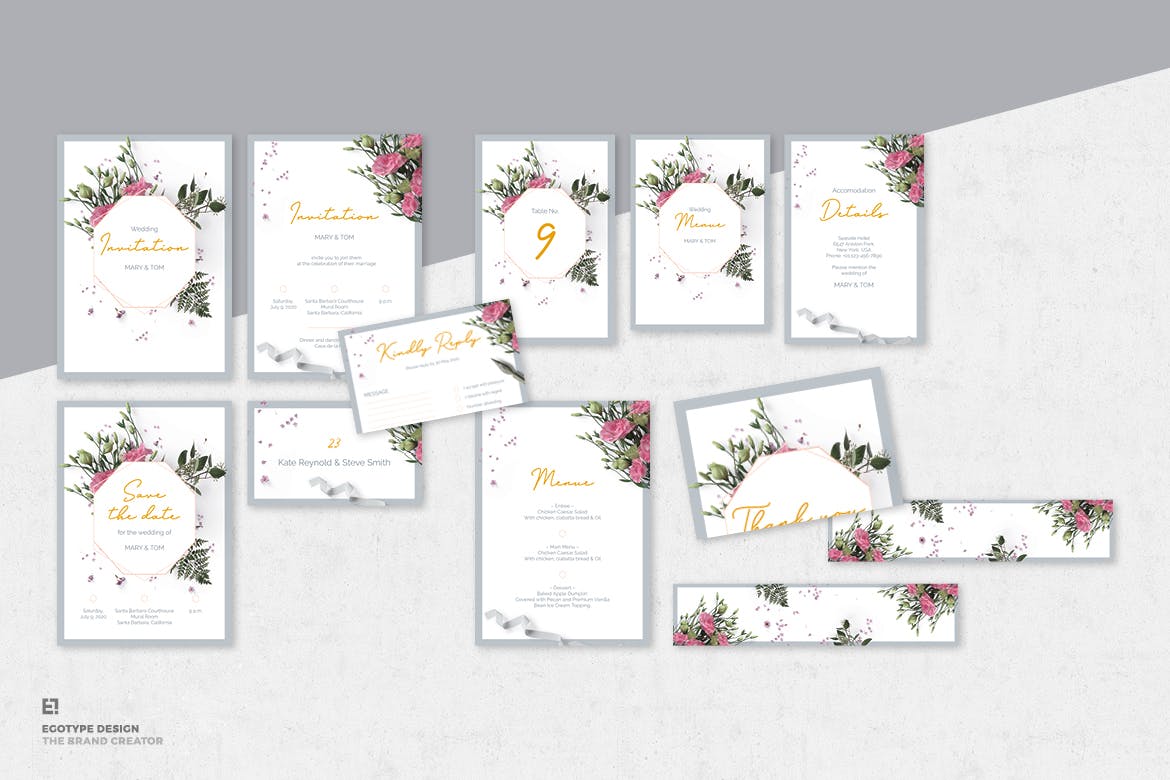 花卉装饰艺术风格婚礼邀请设计套件 Wedding Invitation Set插图(8)