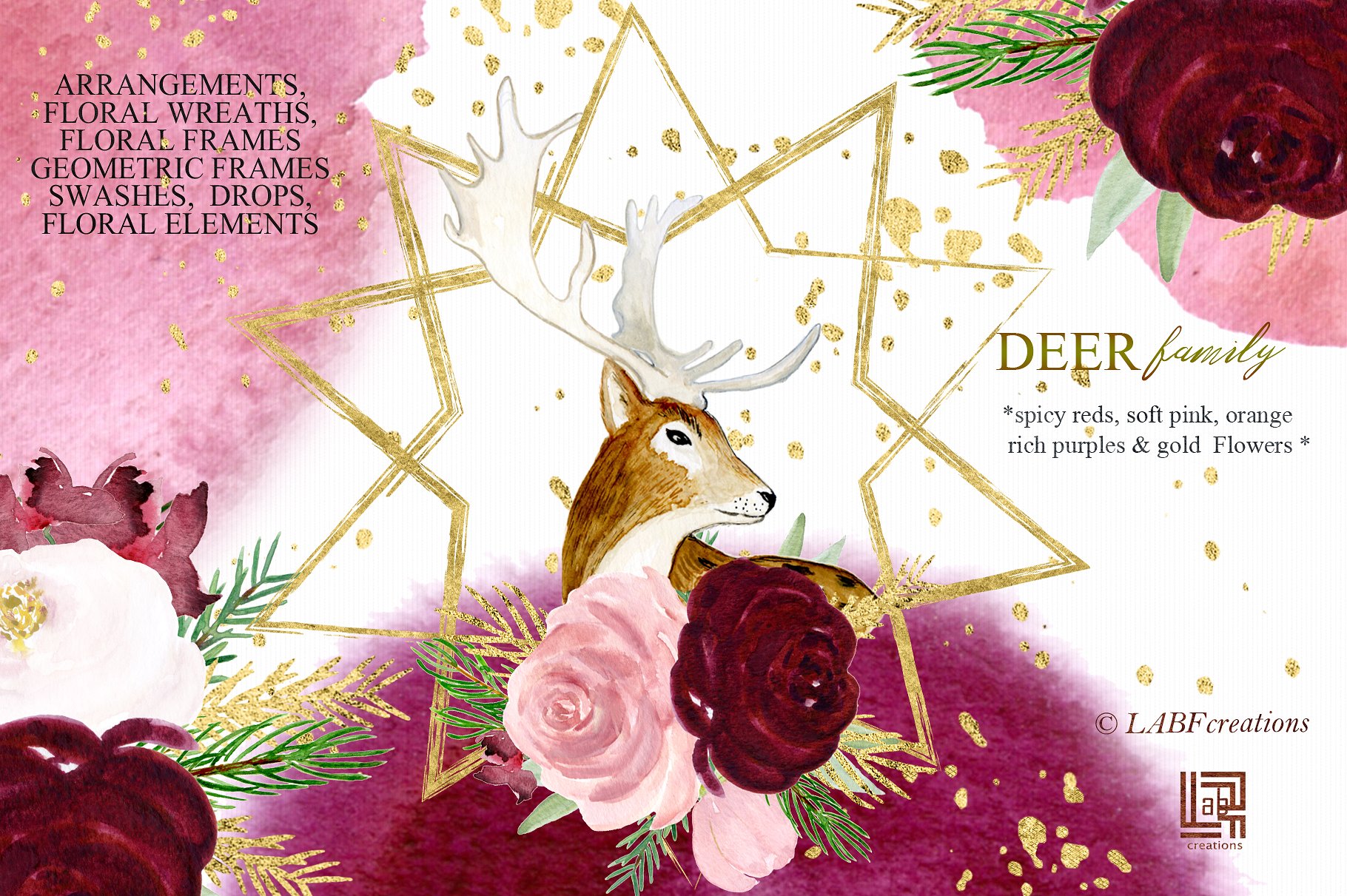 鹿家族/香辣红/橙金水彩手绘剪贴画 Deer family. Spicy red, orange gold插图(1)