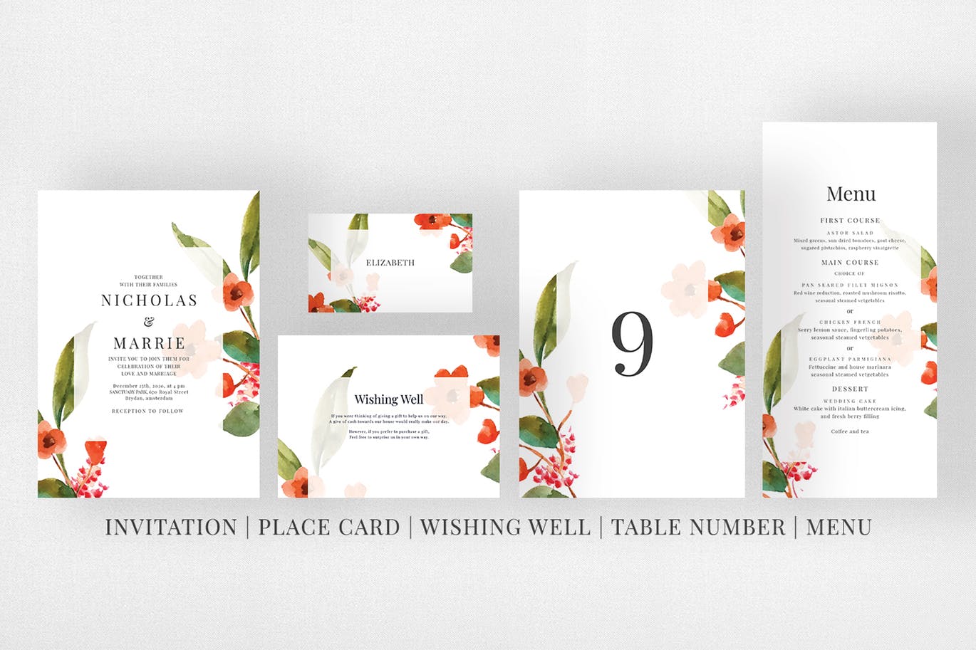 水彩花卉背景婚礼邀请函素材库精选模板 Watercolor Floral Wedding Suite插图(5)