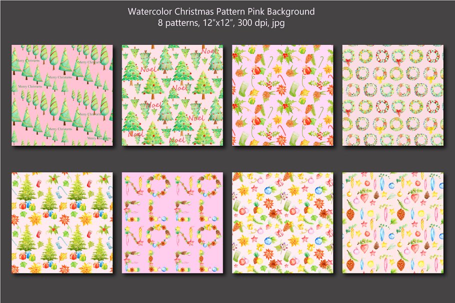 圣诞节主题水彩图案花纹素材 Watercolor Christmas Pattern Pink插图