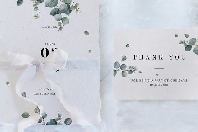 桉树叶子婚礼邀请函设计模板 Eucalyptus Foliage Wedding Suite插图(2)