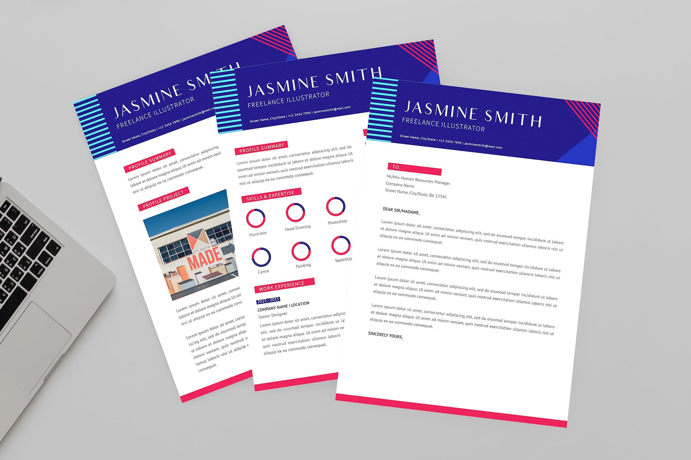 自由职业插画师三合一简历设计模板 Freelance Illustrator Resume Designer插图