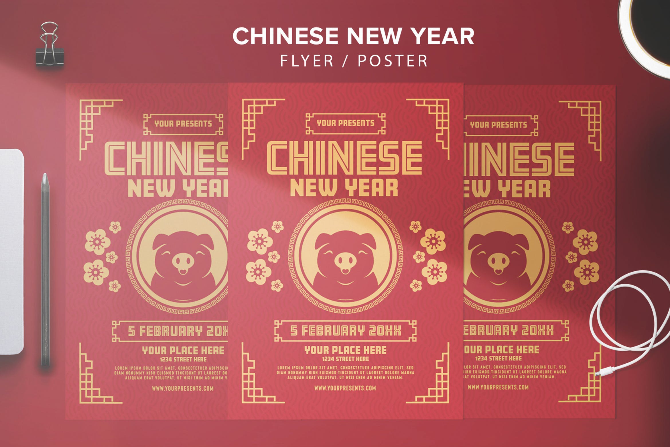 高端红中国新年海报传单素材库精选PSD模板 Chinese New Year Flyer插图