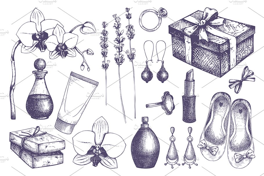 复古墨水手绘时尚女性单品插图Vector Beauty & Fashion Set插图(1)