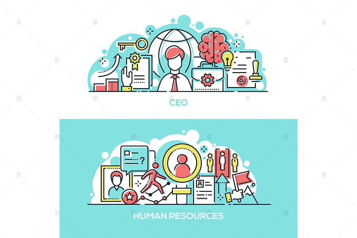 公司首席执行官&人力资源主题扁平风网站矢量插画素材库精选 Company CEO and human resources banners插图(1)