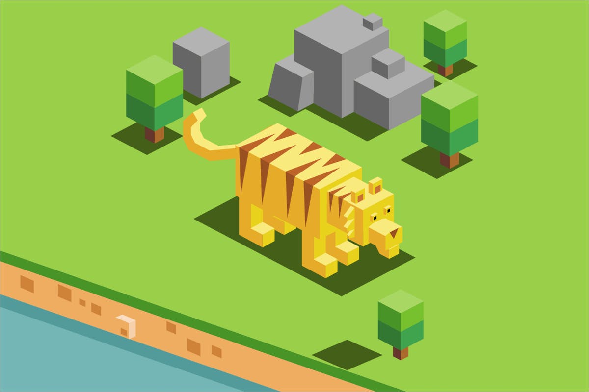 动物园老虎积木2.5D插画素材 tiger in a zoo插图