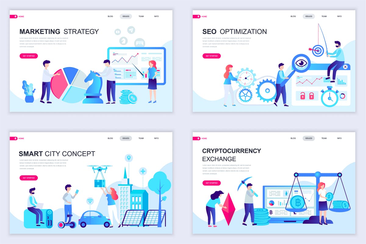 扁平设计风格场景概念插画网站着陆页设计模板v5 Set of Landing Page Templates Flat Concept插图