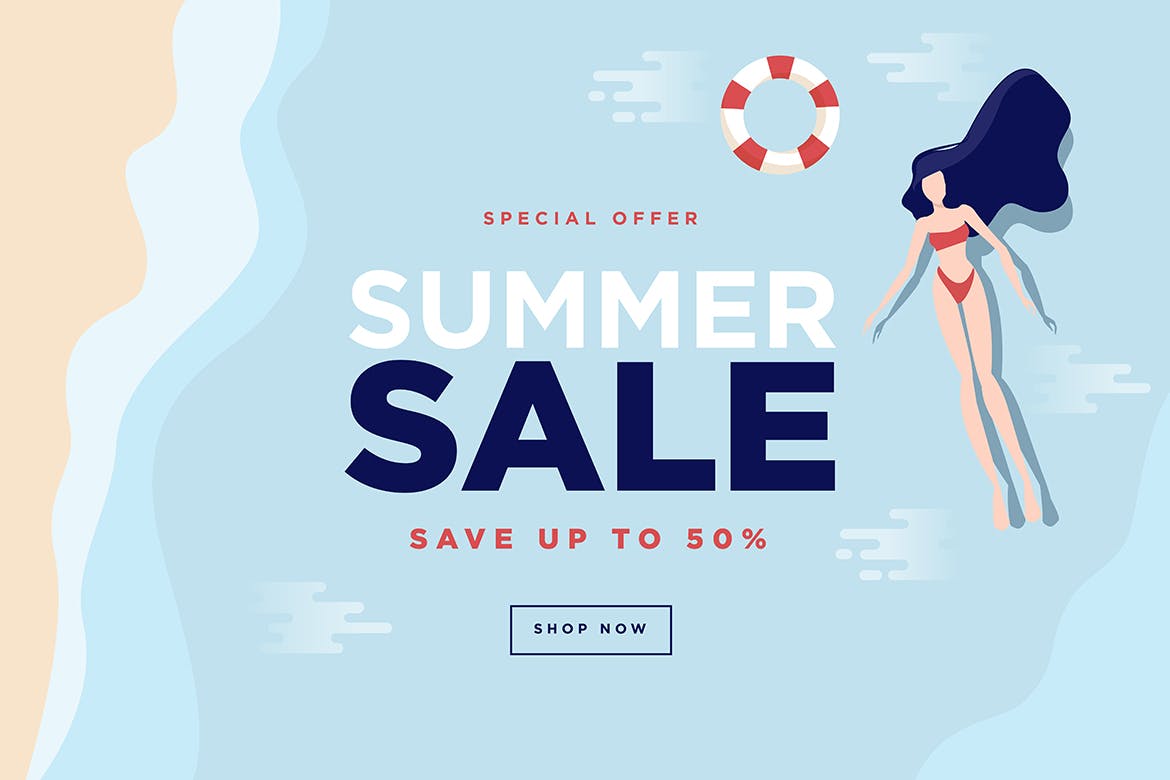夏日海滩旅行矢量插画电商网站促销Banner广告模板v2 Summer sale banner插图