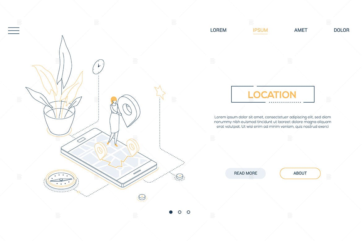 办公室地理位置线性网站设计等距矢量插画 Office location – line design isometric web banner插图