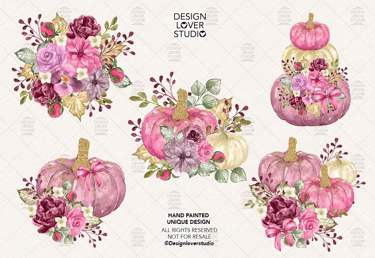 南瓜&花卉水彩剪贴画素材 Watercolor “Floral Pumpkin 2” clip arts插图(1)