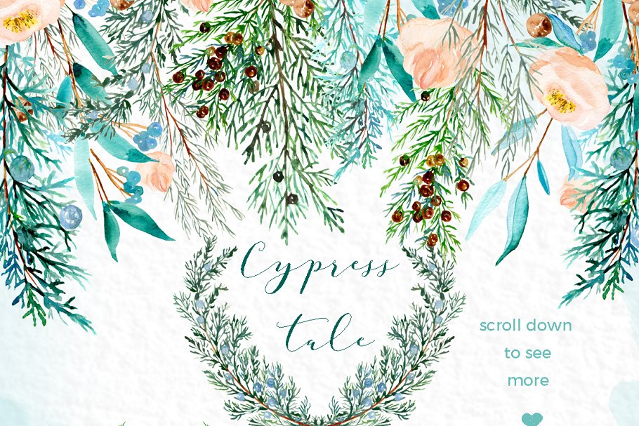 柏树水彩剪贴画 Cypress tale. Watercolor clipart插图(1)