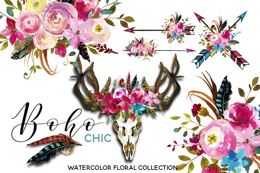 波希米亚风粉红色水彩花卉剪贴画 Boho Chic Pink Watercolor Flowers插图