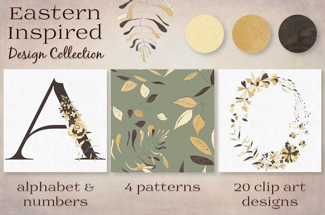 东方特色黑金配色风格字母&花卉手绘剪贴画素材库精选PNG素材 Black and Gold Eastern Design Set插图(1)