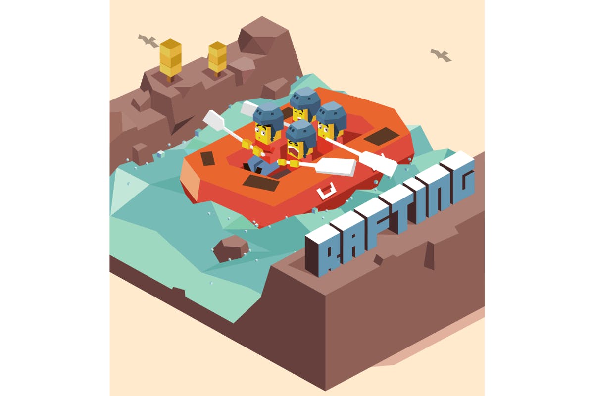 刺激漂流户外活动2.5D矢量插画 Rafting插图