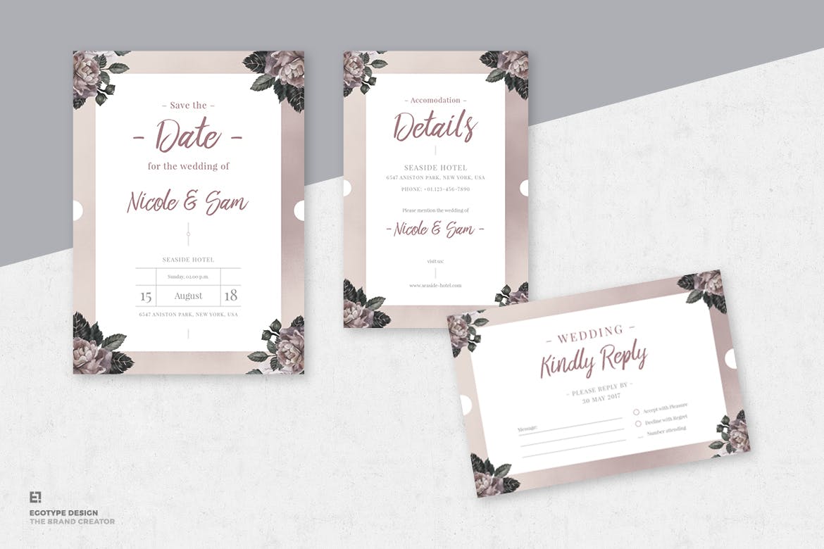 手绘花卉图案装饰风格婚礼邀请设计素材包 Floral Wedding Invitation Suite插图(2)