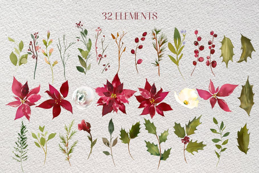 英式斯卡利特圣诞主题水彩素材包 Scarlett Christmas Watercolor Set插图(5)