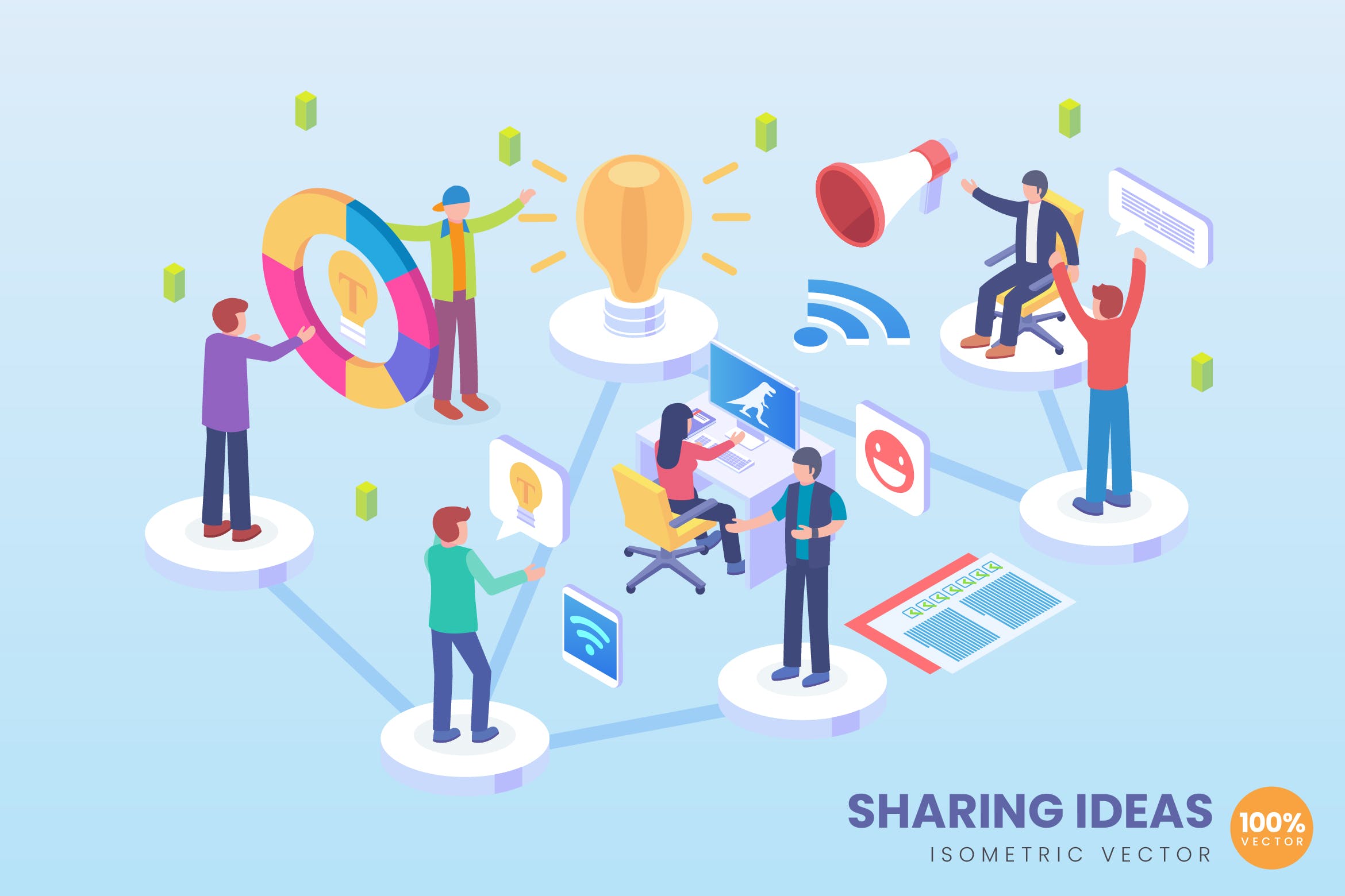 商业理念共享主题等距矢量素材库精选概念插画 Isometric Business Ideas Sharing Vector Concept插图